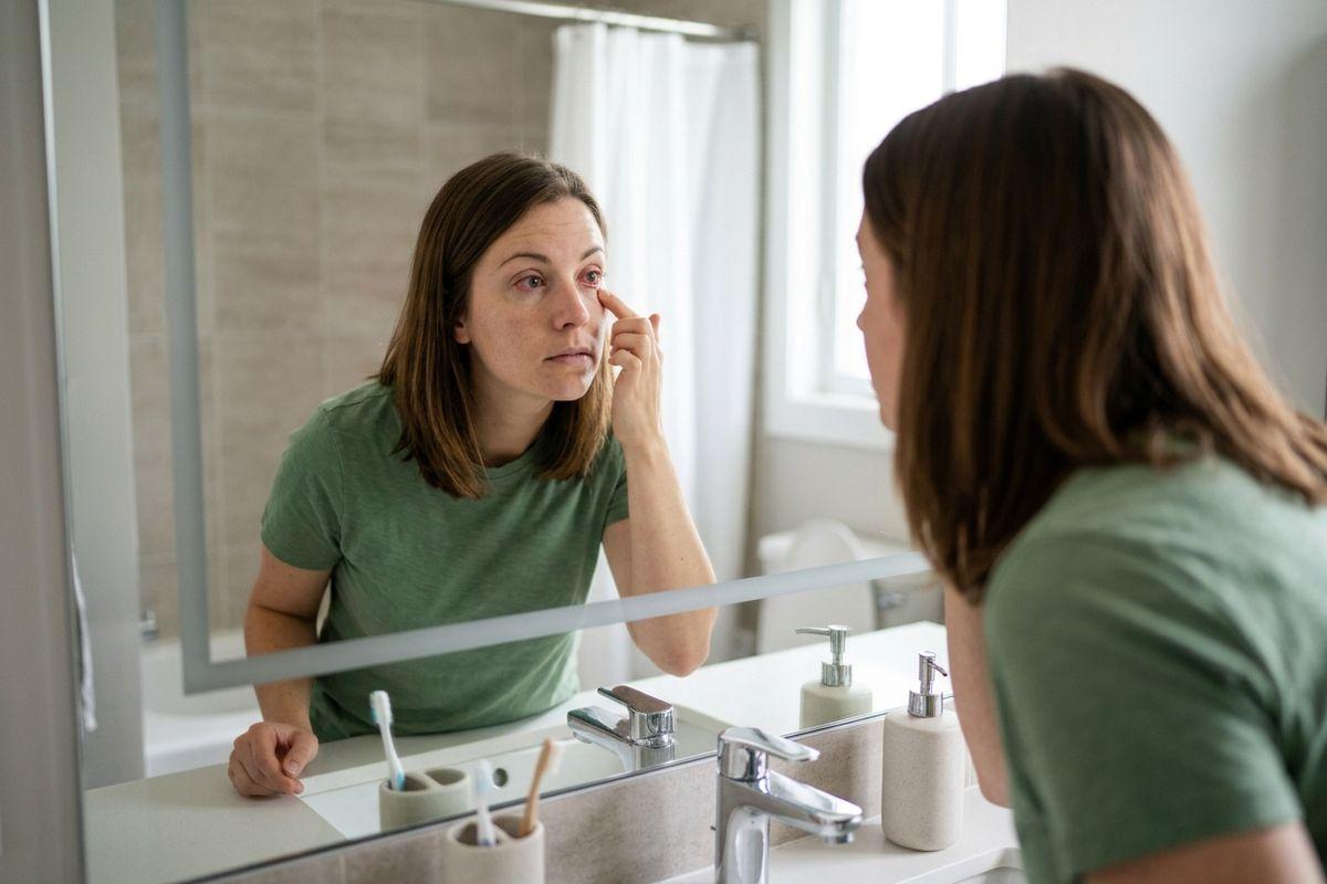 An adult looking in a bathroom mirror uses one finger to gently pull down the skin under their red left eye to examine it.