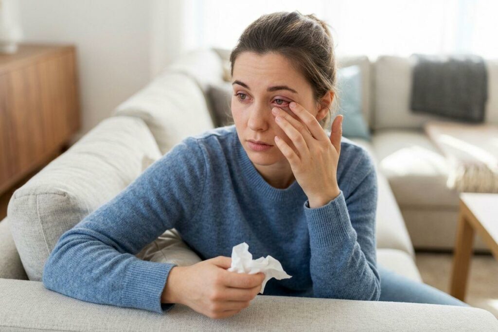 An adult sitting on a sofa holds a tissue and pulls down the lower lid of their visibly red eye.