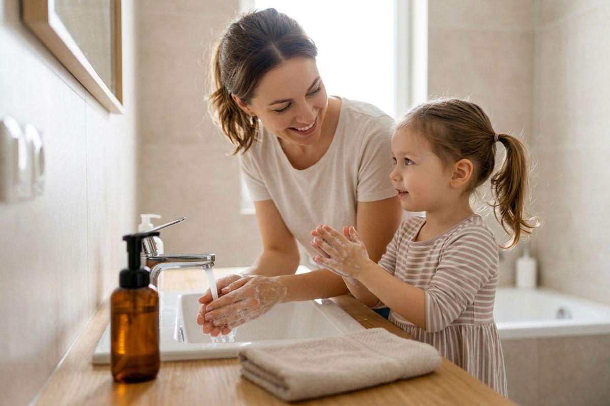 A smiling adult and a child wash their soapy hands under running water at a bathroom sink.