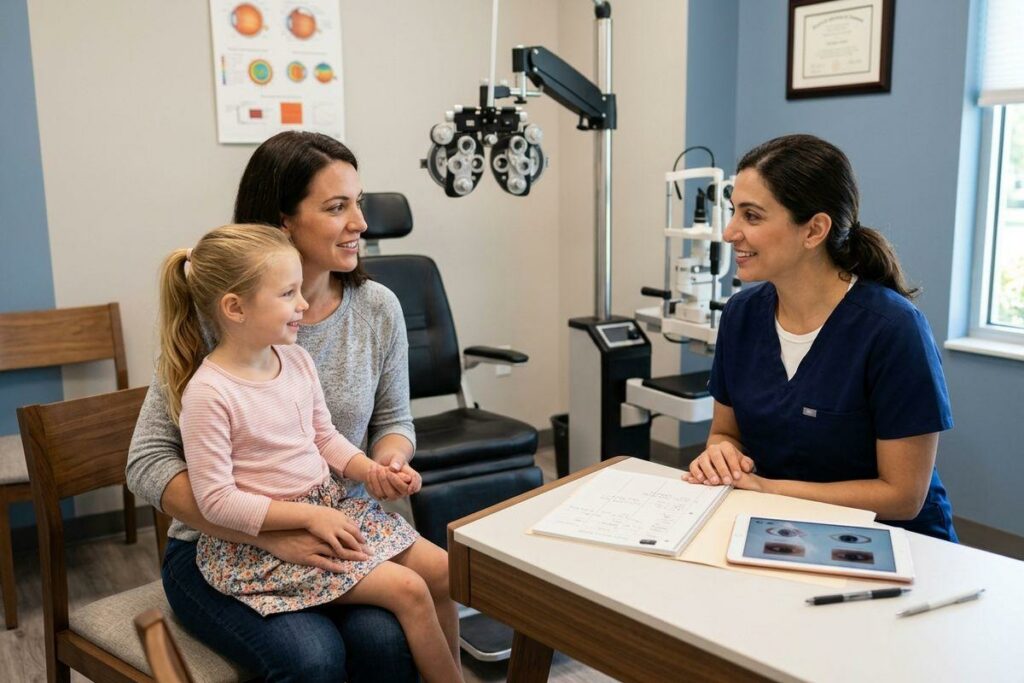 A smiling optometrist sits at a desk talking to an adult holding a child on their lap in an eye exam room.
