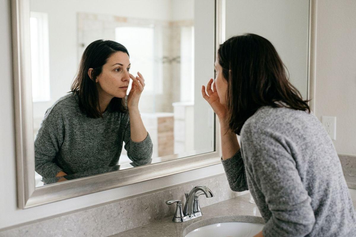 A focused adult looks into a bathroom mirror over a sink, touching the skin just below their eye with one finger.