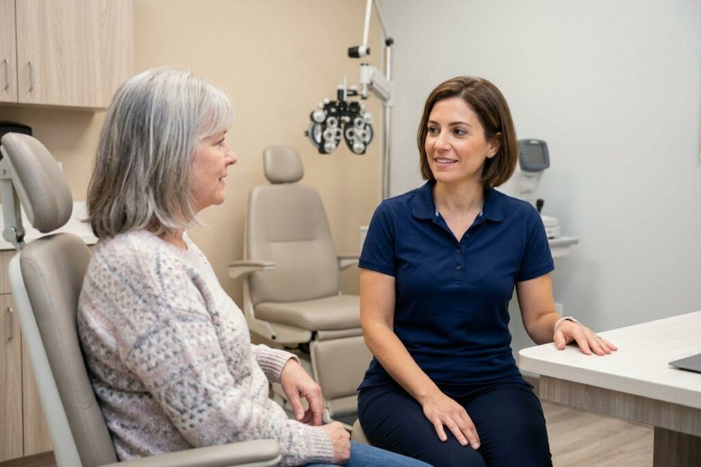 A smiling optometrist sits at a desk talking with an older adult patient in an eye exam room.