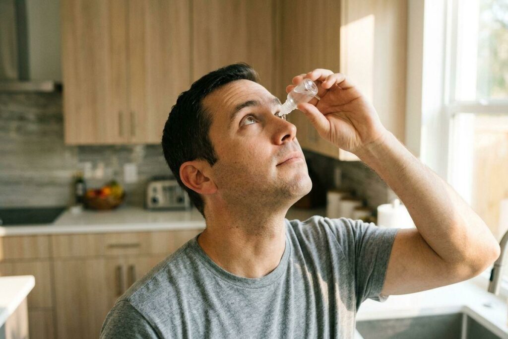 Adult applying eye drops while tilting head back, standing in a home kitchen near a window.