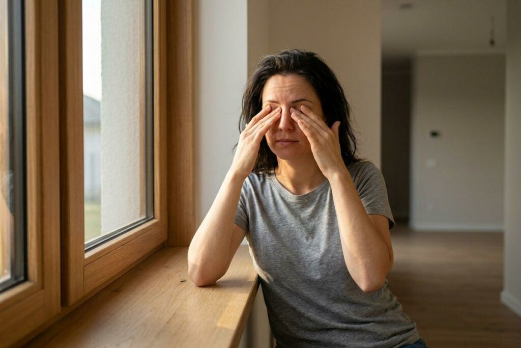 Adult rubbing both eyes with hands while sitting by a window at home, looking tired.
