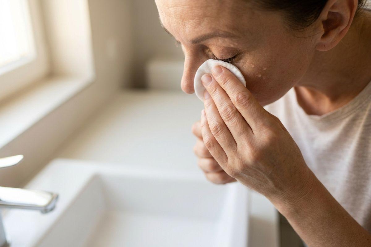 Close-up of a person cleansing their face with a cotton pad near a bathroom sink, eyes closed.