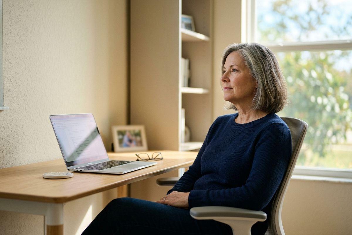 Older adult sits at a desk with an open laptop, gazing thoughtfully out a nearby window.